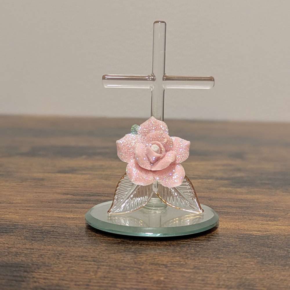 Glass Baron Glass Cross with Pink Sparkly Rose Accent
